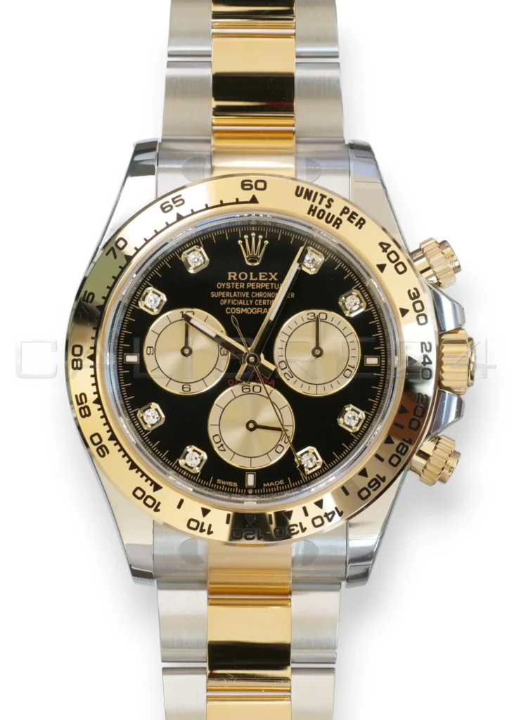 Daytona diamond-set black dial. Rolex Cosmograph Daytona 126503 two tone bright black diamond set dial Brand New factory Stickered full set with box and papers available at Calibre24 Luxury Watches Perth Australia