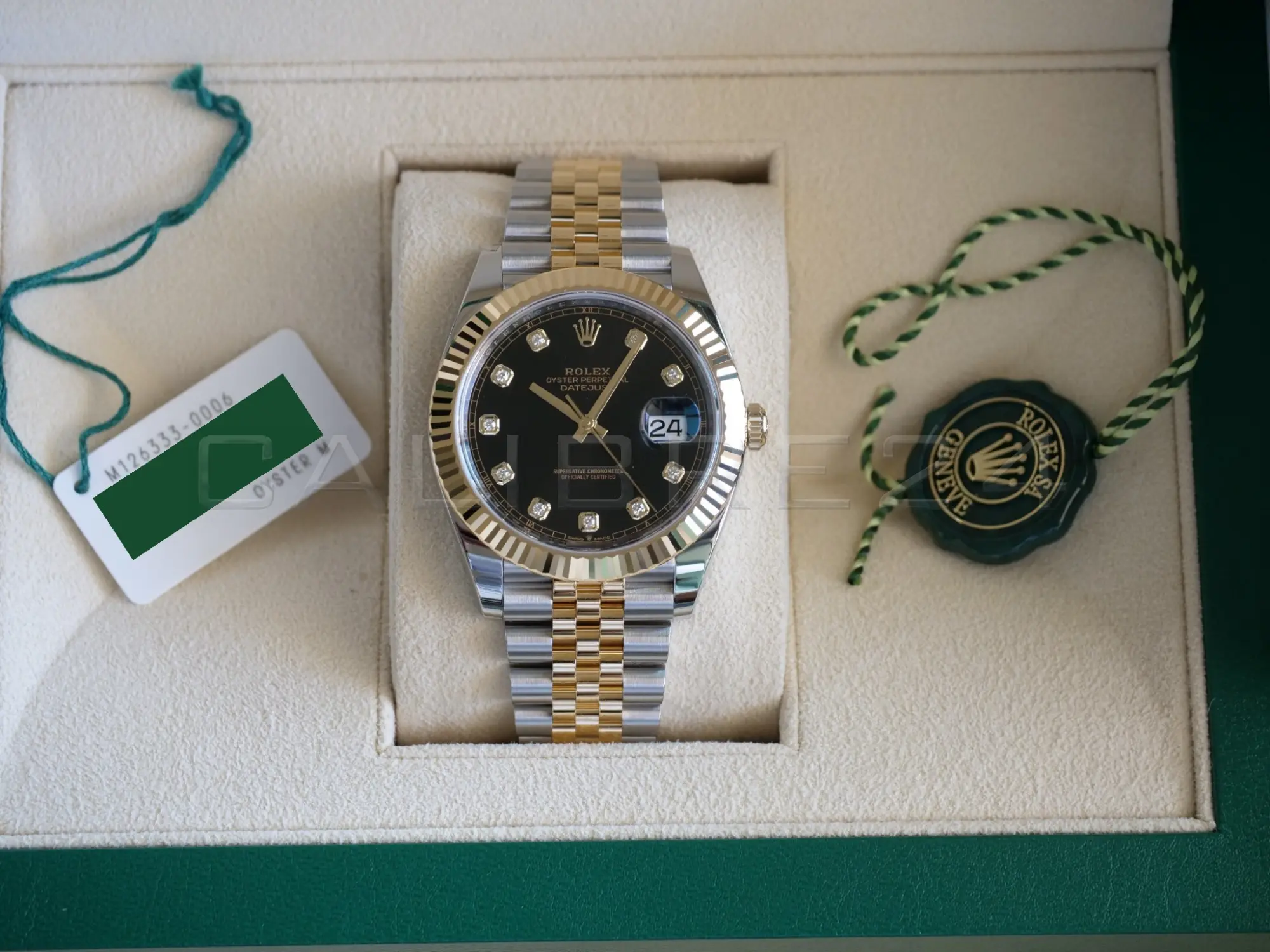 Rolex Datejust 41 Black Diamond Set Yellow Gold two tone 126333 fluted Bezel Jubilee Bracelet 2022 Brand New Old Stock Unworn - full set with box and papers available at Calibre24 Luxury Watches Perth Australia