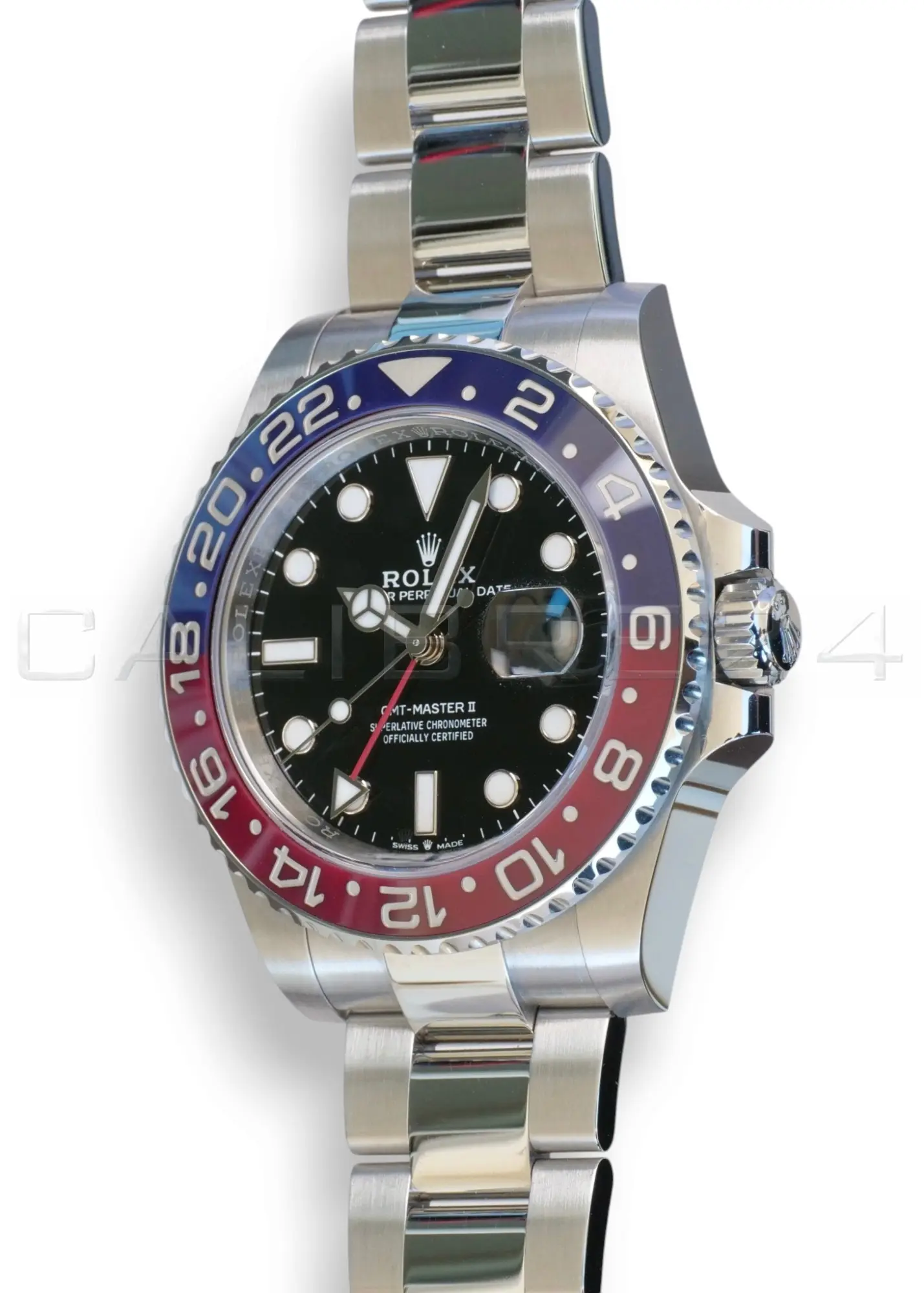 Rolex GMT-Master II Pepsi 126710BLRO Oyster bracelet Q4 2025 mint unpolished red blue Cerachrom bezel black dial front view
