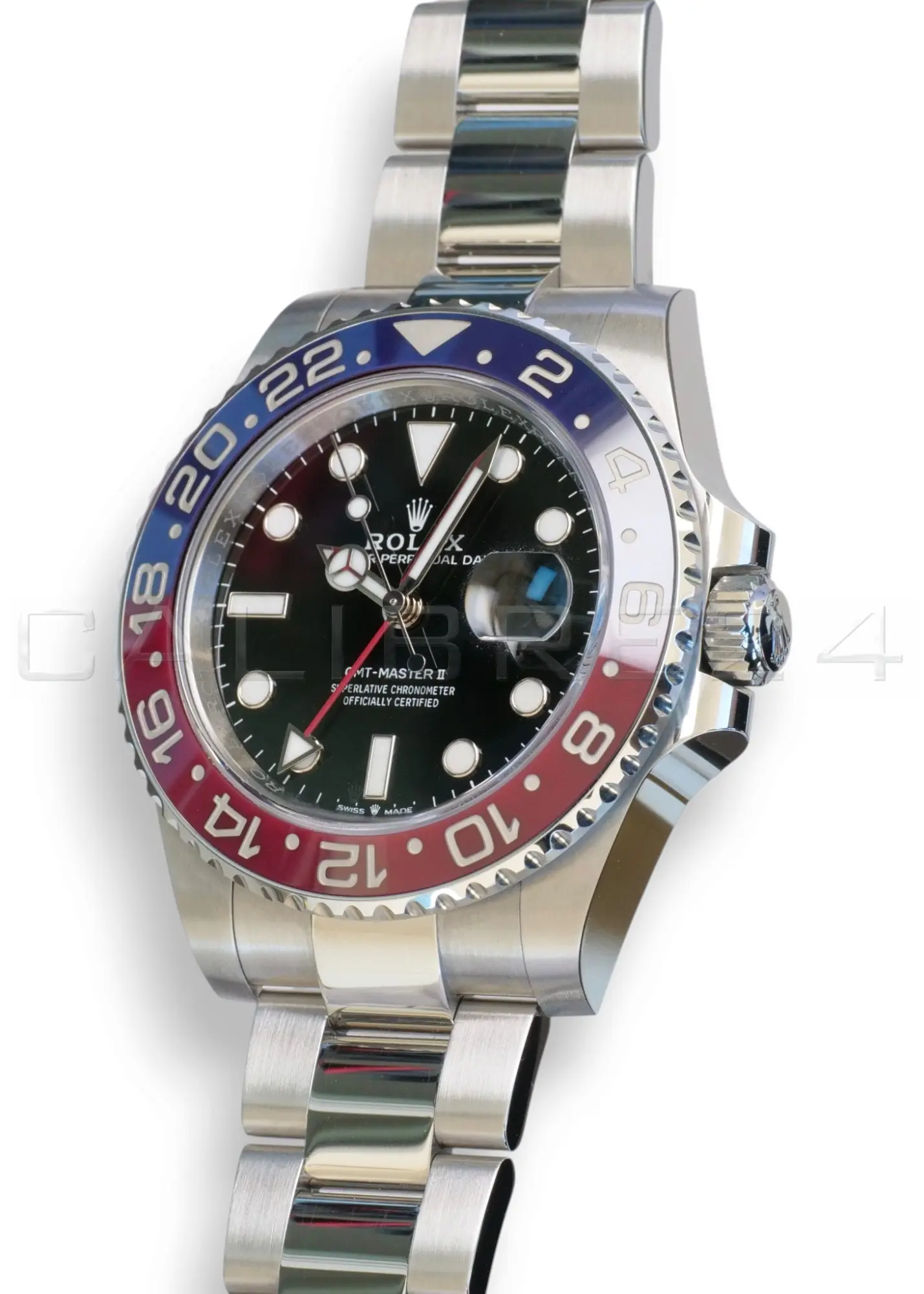 Rolex GMT-Master II Pepsi 126710BLRO Oyster bracelet Q4 2025 mint unpolished red blue Cerachrom bezel black dial front view