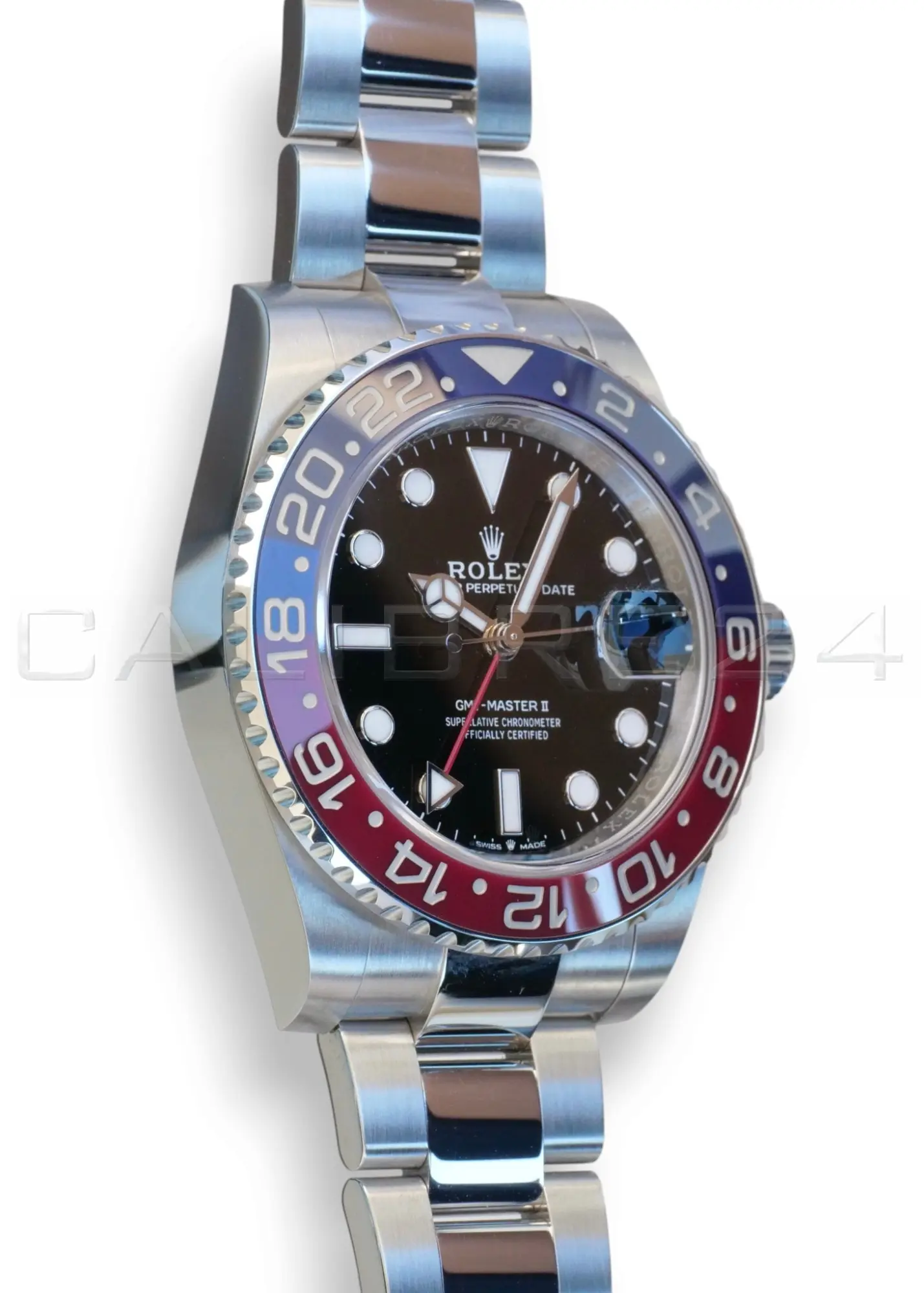 Rolex GMT-Master II Pepsi 126710BLRO Oyster bracelet Q4 2025 mint unpolished red blue Cerachrom bezel black dial front view