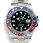 Rolex GMT-Master II Pepsi 126710BLRO Oyster bracelet Q4 2025 mint unpolished red blue Cerachrom bezel black dial front view