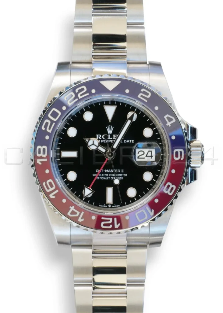 Rolex GMT-Master II Pepsi 126710BLRO Oyster bracelet Q4 2025 mint unpolished red blue Cerachrom bezel black dial front view