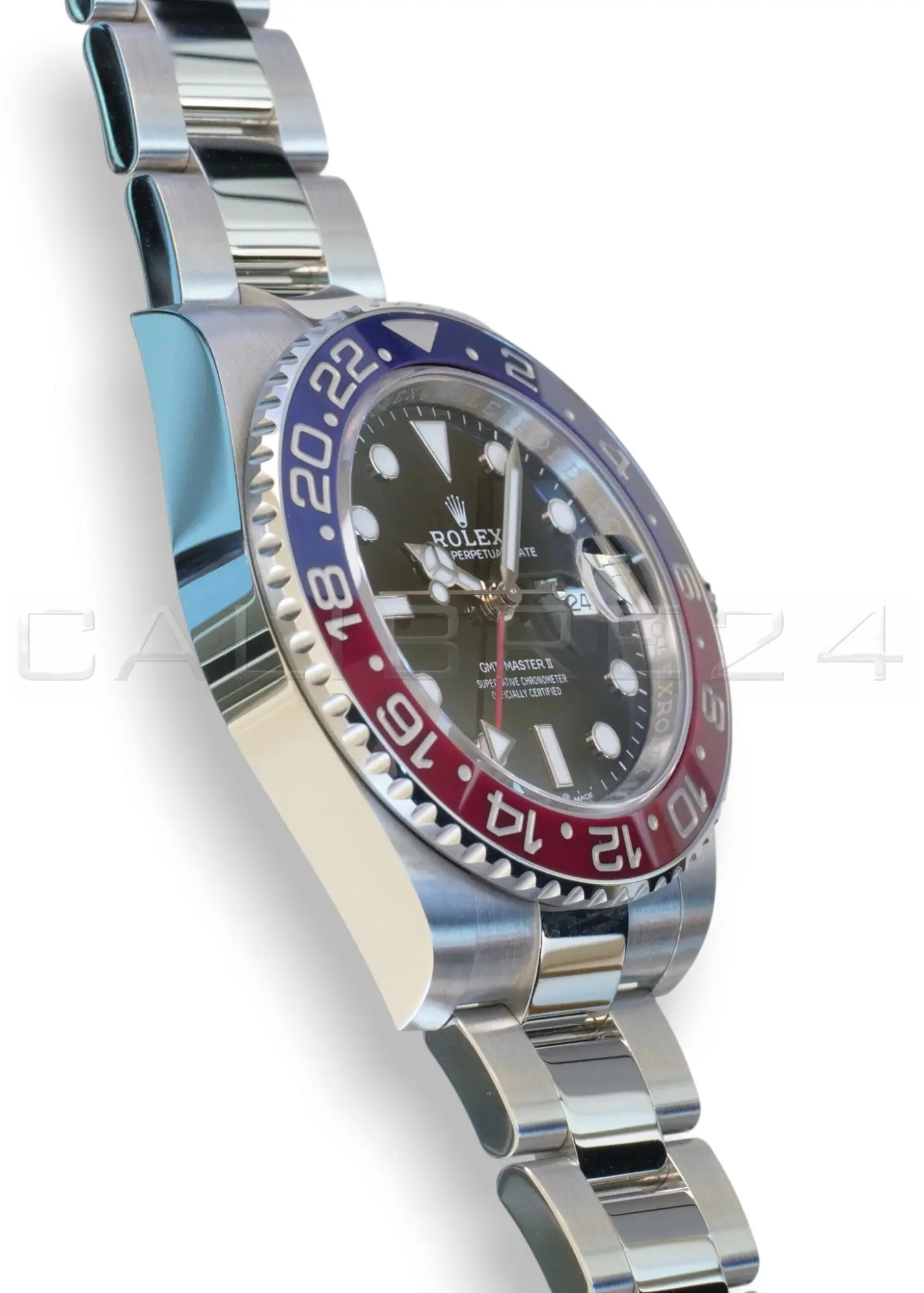 Rolex GMT-Master II Pepsi 126710BLRO Oyster bracelet Q4 2025 mint unpolished red blue Cerachrom bezel black dial front view