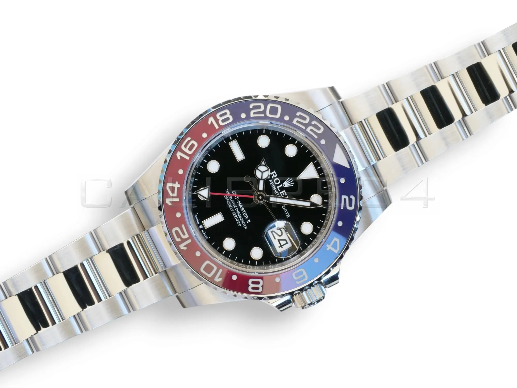 Rolex GMT-Master II Pepsi 126710BLRO Oyster bracelet Q4 2025 mint unpolished red blue Cerachrom bezel black dial front view