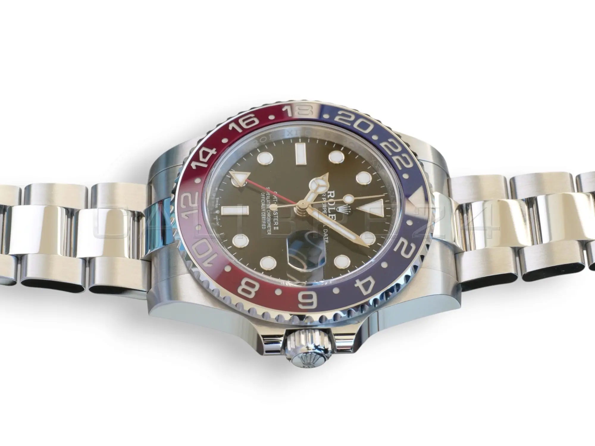 Rolex GMT-Master II Pepsi 126710BLRO Oyster bracelet Q4 2025 mint unpolished red blue Cerachrom bezel black dial front view