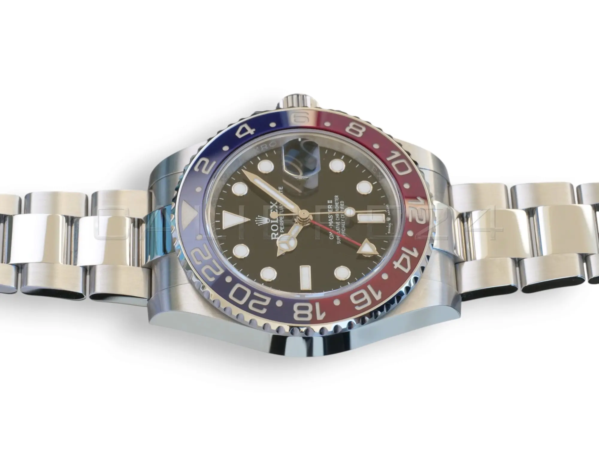 Rolex GMT-Master II Pepsi 126710BLRO Oyster bracelet Q4 2025 mint unpolished red blue Cerachrom bezel black dial front view