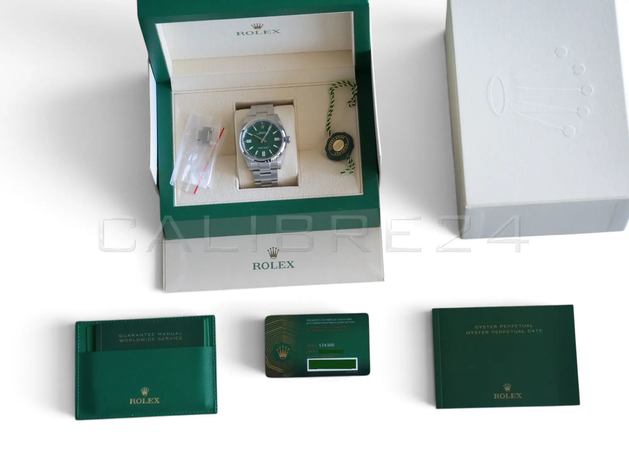 Rolex 124300 green dial 2024 full set inner outer box green warranty card papers