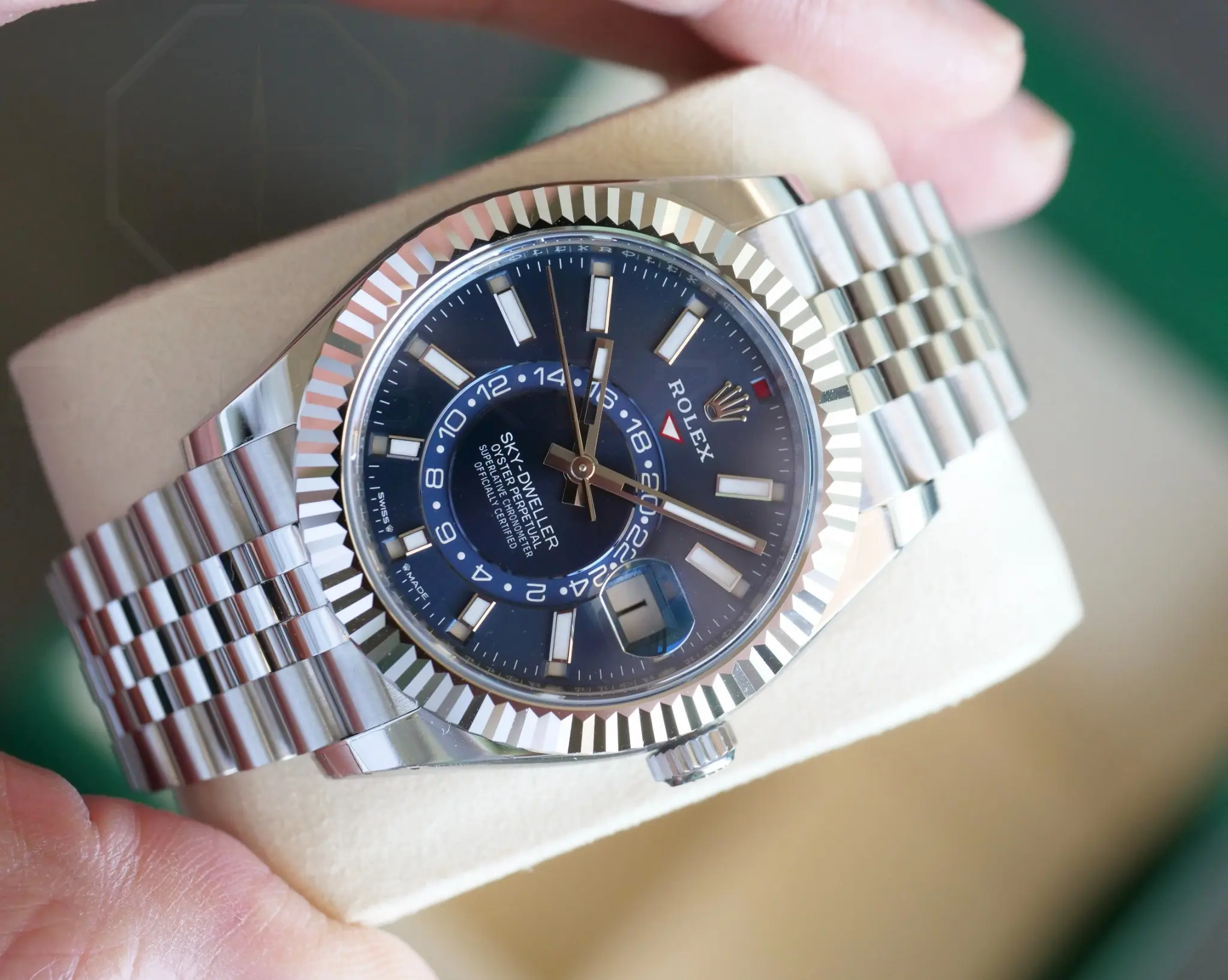 Rolex Sky-dweller Blue Dial Jubilee Bracelet 336934 Band New Unworn 2026 full set with box and papers available at Calibre24 Luxury Watches Perth Australia