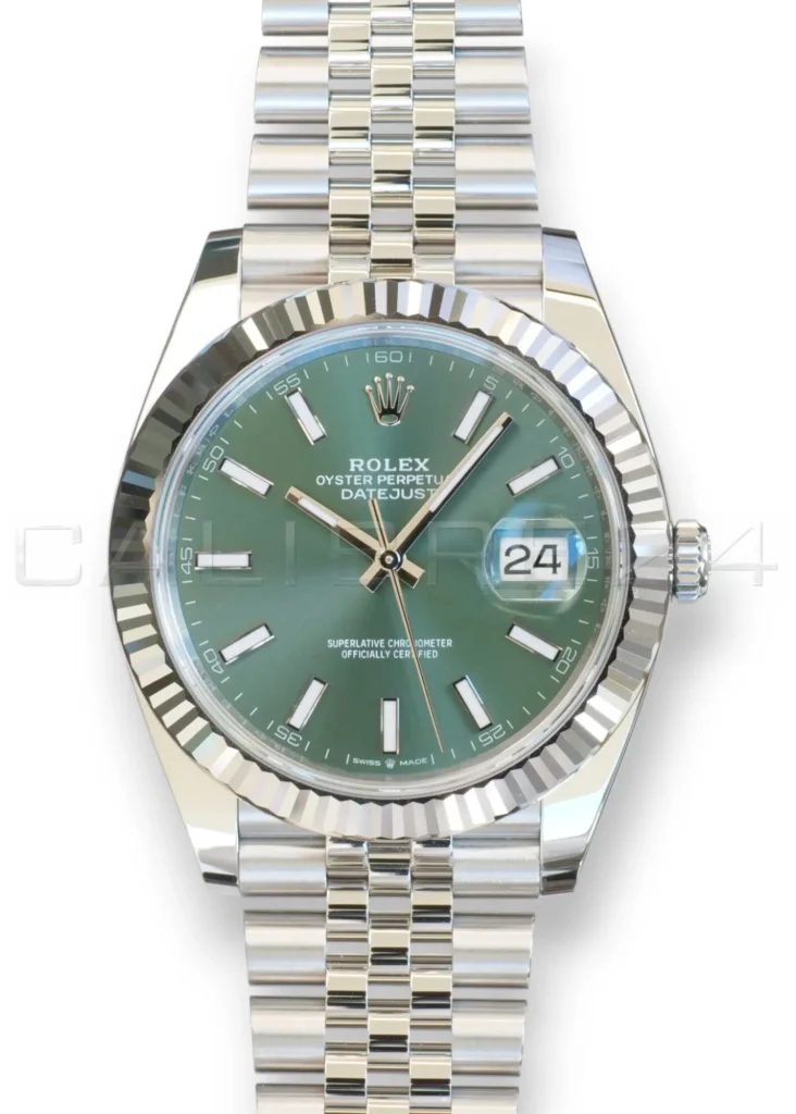 Rolex Datejust 41 126334 mint green sunray dial white gold fluted bezel Jubilee bracelet brand new 2026 — full front view
