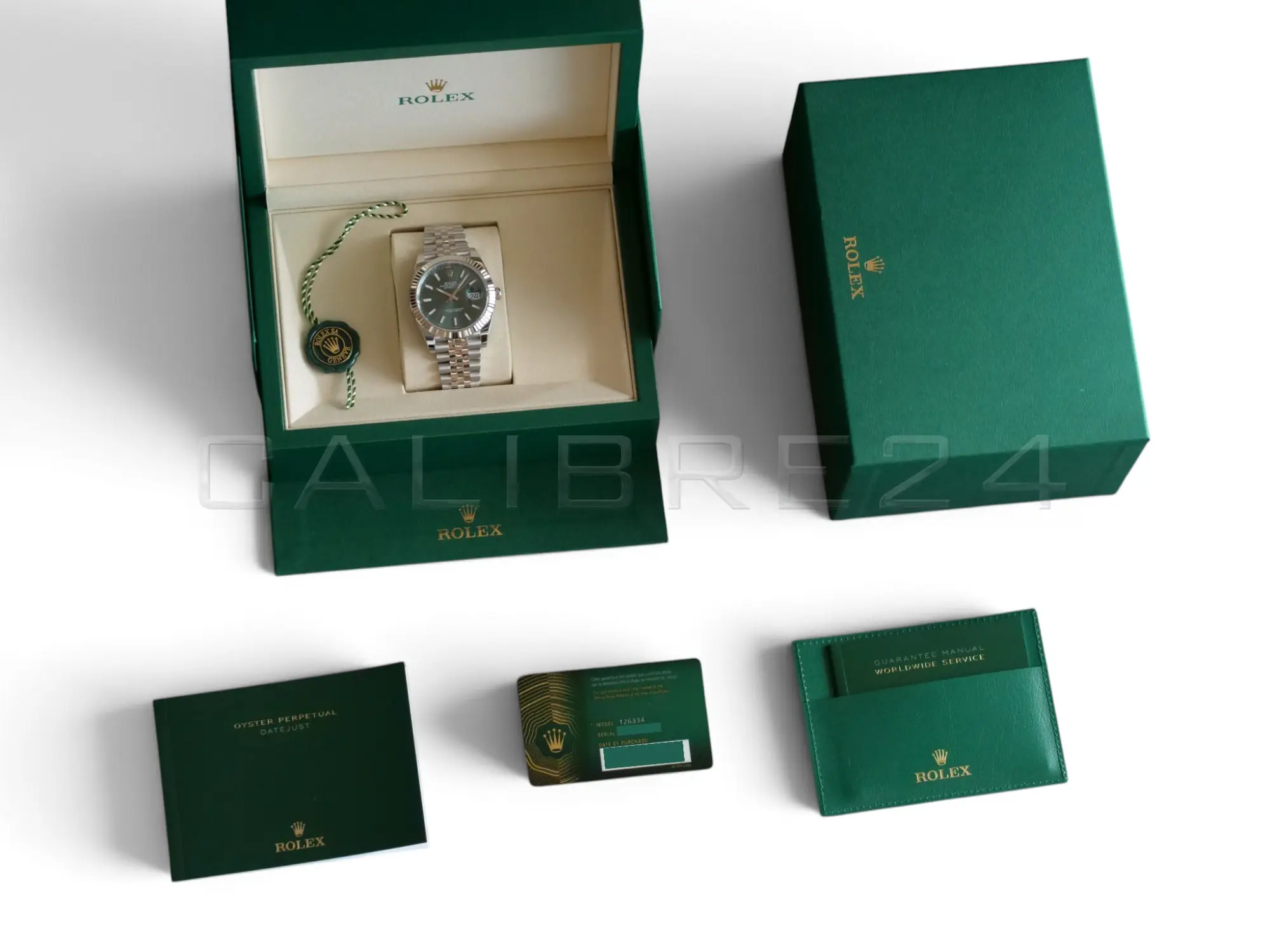Rolex Datejust 41 126334 mint green full set 2026 — original Rolex box inner outer green warranty card papers unworn