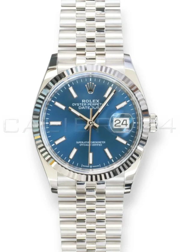 Rolex Datejust 36 126234 blue sunray dial white gold fluted bezel Jubilee bracelet brand new 2026 — full front view