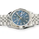Rolex Datejust 36 ref 126234 White Rolesor blue dial fluted 18k white gold bezel close-up — calibre24.com.au