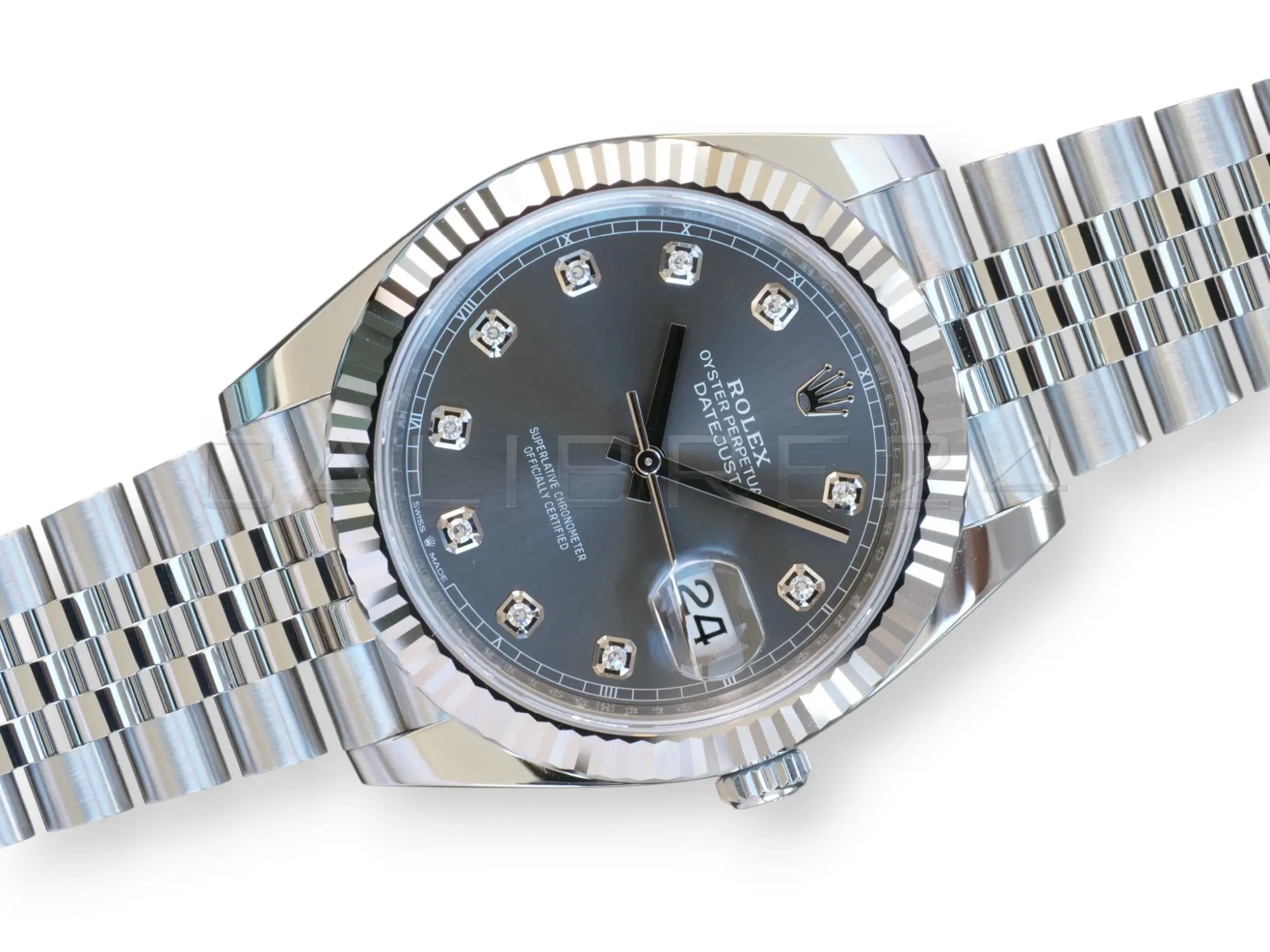 Rolex 126334 slate sunray dial 10 factory diamond hour markers gold mounts Chromalight hands close-up