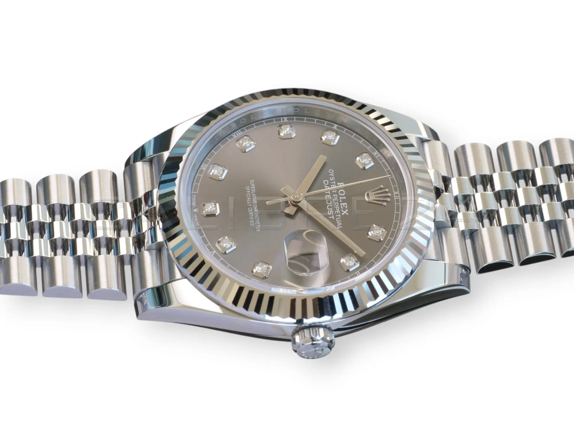 Rolex 126334 slate sunray dial 10 factory diamond hour markers gold mounts Chromalight hands close-up