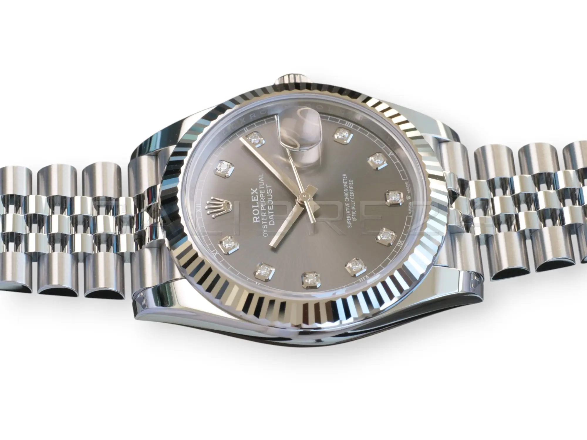 Rolex 126334 slate sunray dial 10 factory diamond hour markers gold mounts Chromalight hands close-up