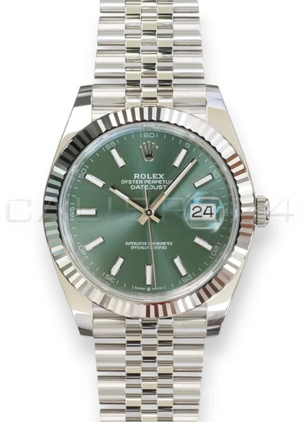 Rolex Datejust 41 126334 Mint Green Fluted Bezel Jubilee Bracelet Brand New 2026 full set with box and papers available at Calibre24 Luxury Watches Perth Australia