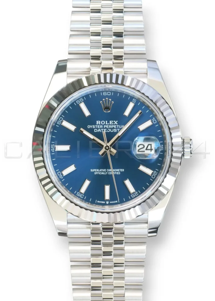 Rolex Datejust 41 blue dial 126334-0002 bright blue sunray dial white gold fluted bezel Jubilee 2026 brand new front