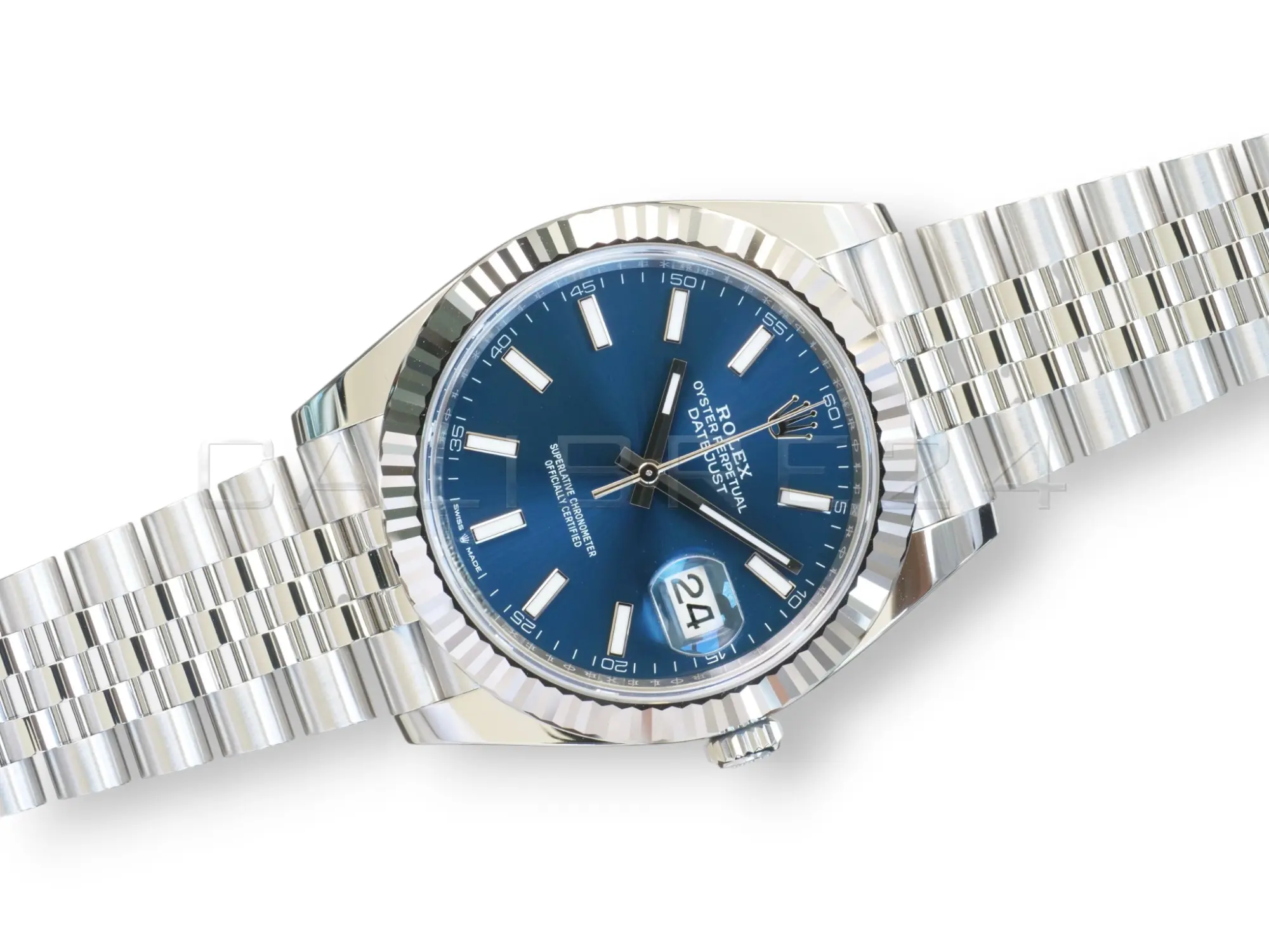 Rolex 126334-0002 blue sunray dial white gold index markers Chromalight hands Cyclops date close-up