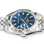Rolex 126334-0002 blue sunray dial white gold index markers Chromalight hands Cyclops date close-up