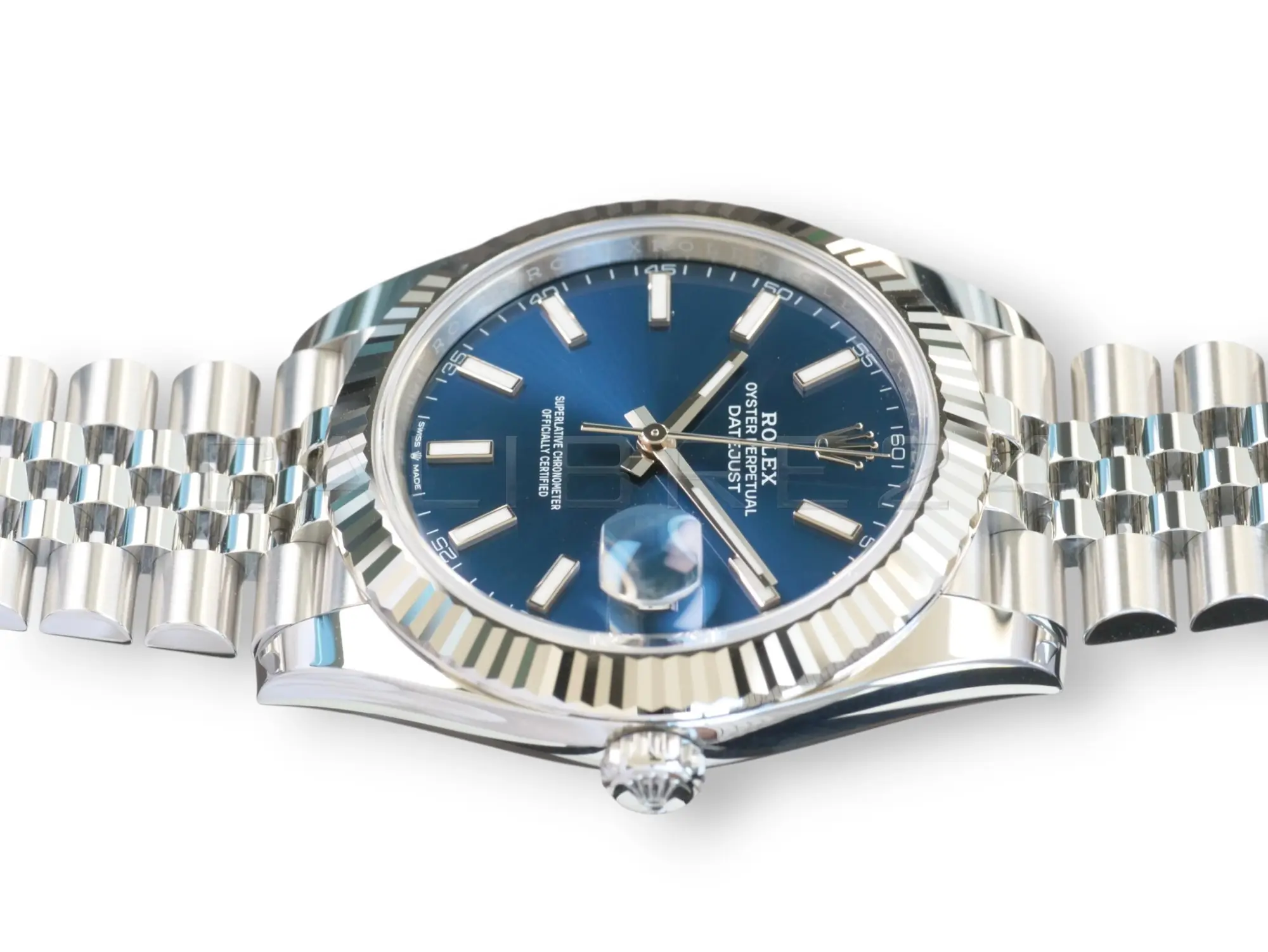 Rolex 126334-0002 blue sunray dial white gold index markers Chromalight hands Cyclops date close-up