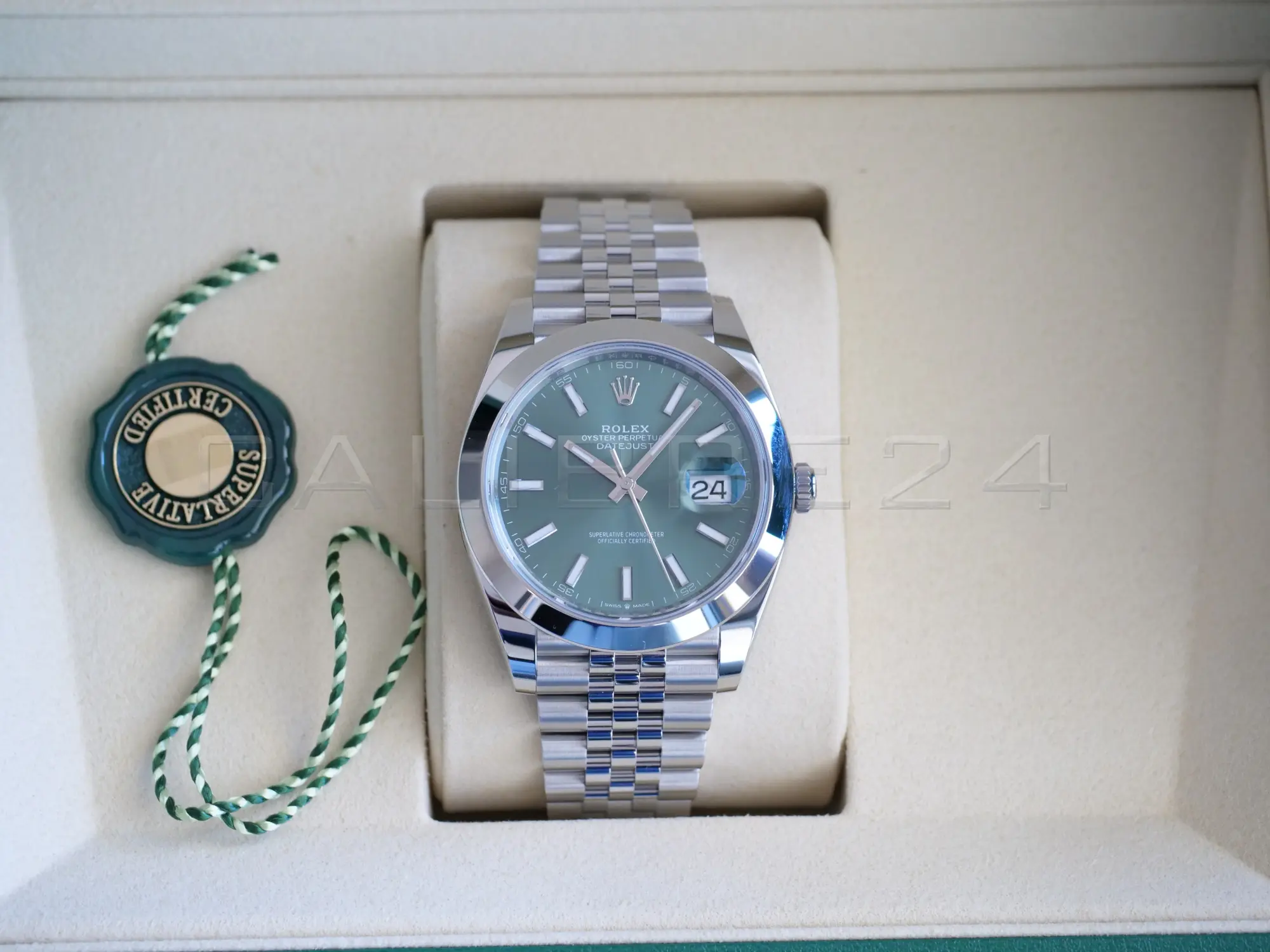Rolex Datejust 41 Mint Green 126300 Dmooth Bezel Jubilee Bracelet 2026 Brand New Unworn 2025 full set with box and papers available at Calibre24 Luxury Watches Perth Australia
