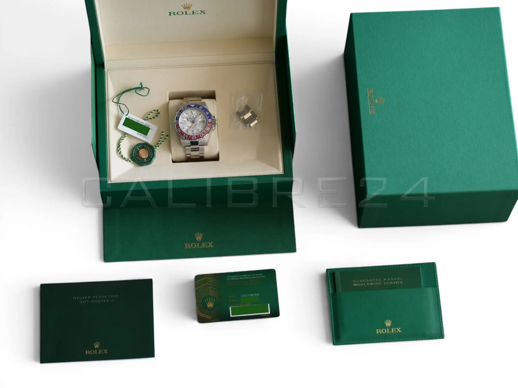 Rolex GMT Master II Pepsi Meteorite Dial Mint like New condition with white and green tags 2025 full set with box and papers available at Calibre24 Luxury Watches Perth Australia