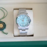 Rolex 126000-0006 turquoise lacquer dial white gold index markers Chromalight close-up