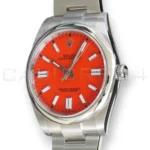 Rolex Oyster Perpetual 41 coral red 124300-0007 discontinued lacquer dial mint unpolished front view