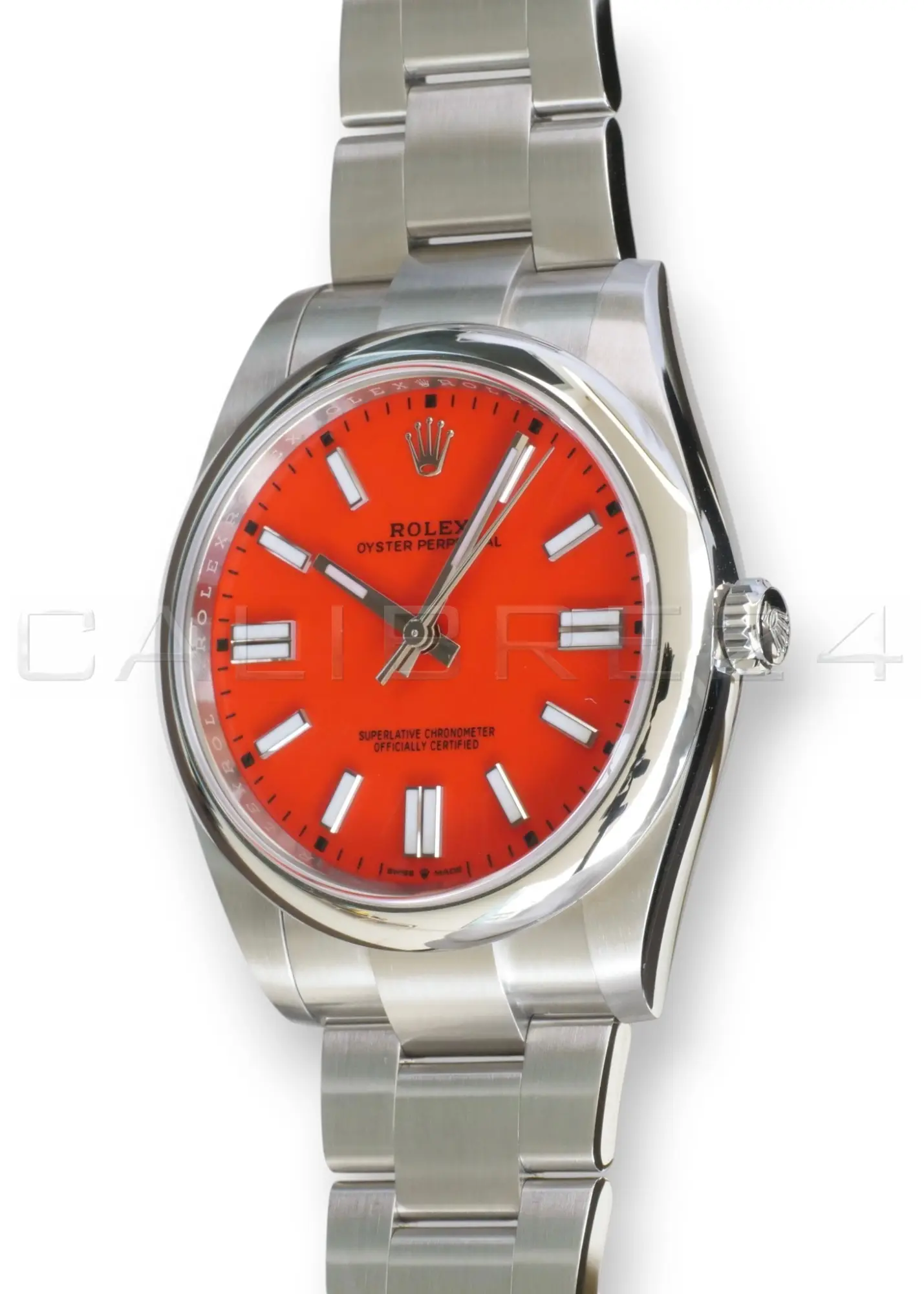 Rolex Oyster Perpetual 41 coral red 124300-0007 discontinued lacquer dial mint unpolished front view