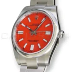 Rolex Oyster Perpetual 41 coral red 124300-0007 discontinued lacquer dial mint unpolished front view