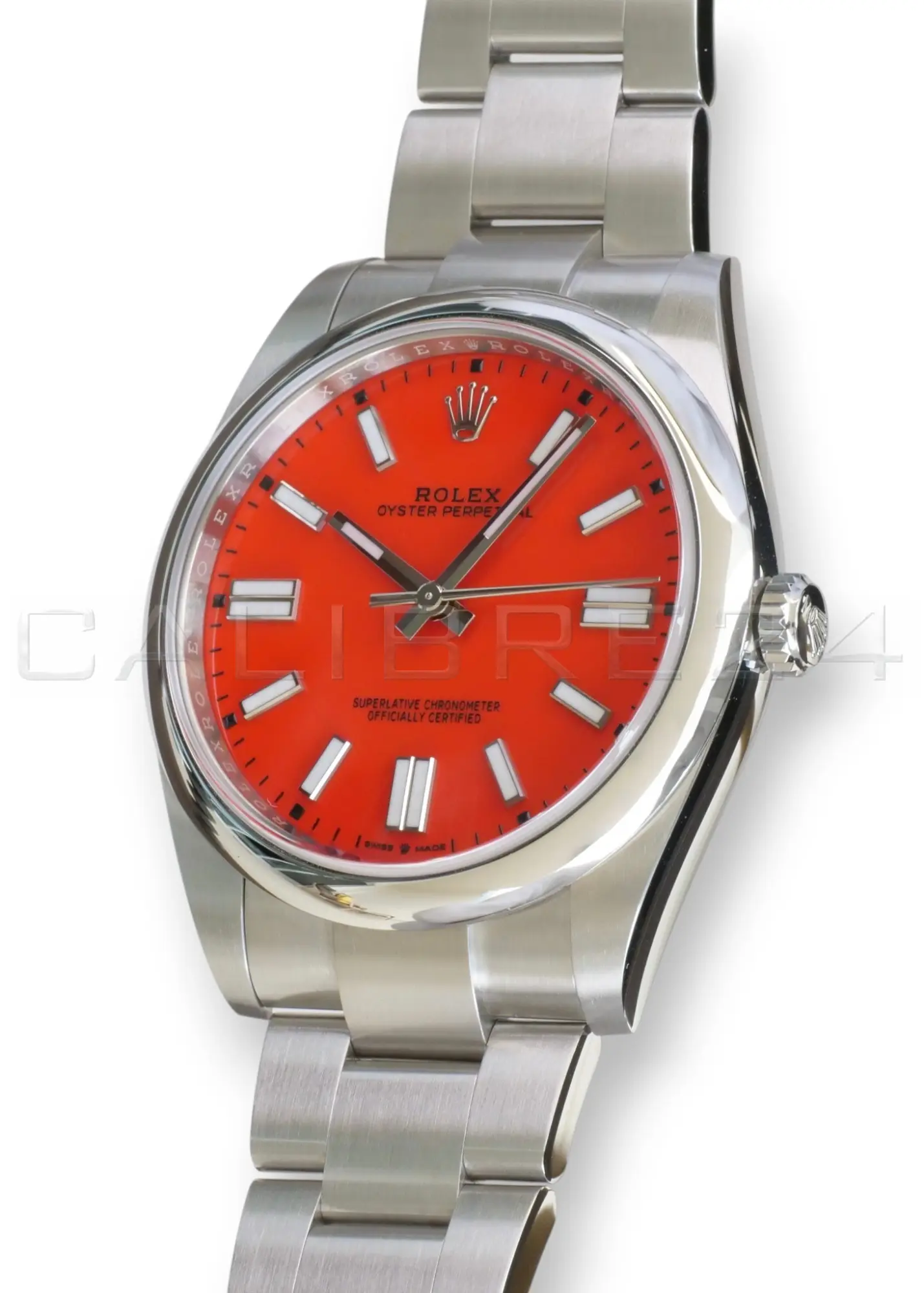 Rolex Oyster Perpetual 41 coral red 124300-0007 discontinued lacquer dial mint unpolished front view