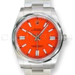 Rolex Oyster Perpetual 41 coral red 124300-0007 discontinued lacquer dial mint unpolished front view