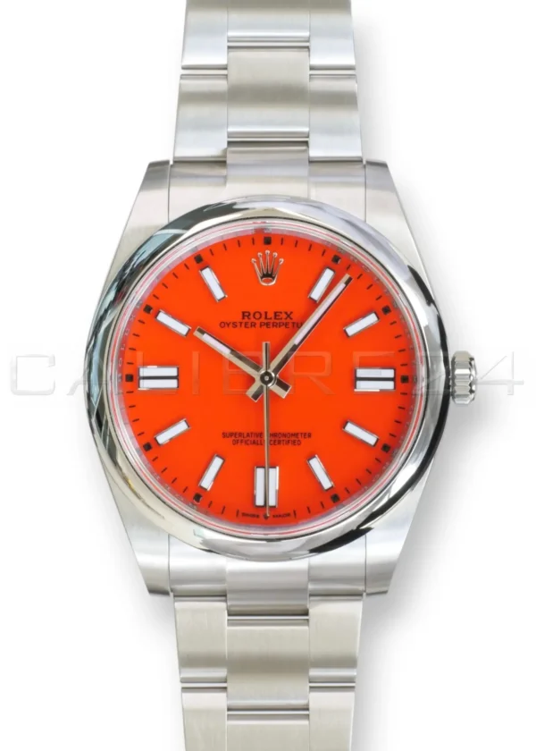Rolex Oyster Perpetual 41 coral red 124300-0007 discontinued lacquer dial mint unpolished front view