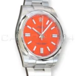 Rolex Oyster Perpetual 41 coral red 124300-0007 discontinued lacquer dial mint unpolished front view