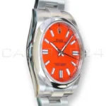 Rolex Oyster Perpetual 41 coral red 124300-0007 discontinued lacquer dial mint unpolished front view