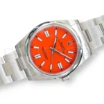 Rolex 124300-0007 coral red lacquer dial white gold baton markers Chromalight hands pristine close-up