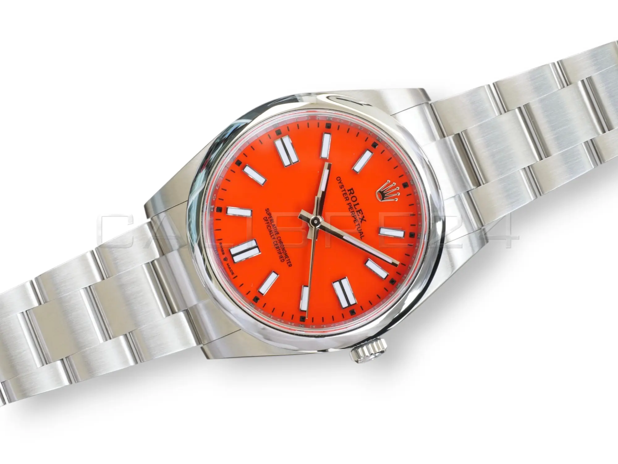Rolex 124300-0007 coral red lacquer dial white gold baton markers Chromalight hands pristine close-up