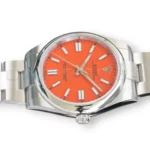 Rolex 124300-0007 coral red lacquer dial white gold baton markers Chromalight hands pristine close-up