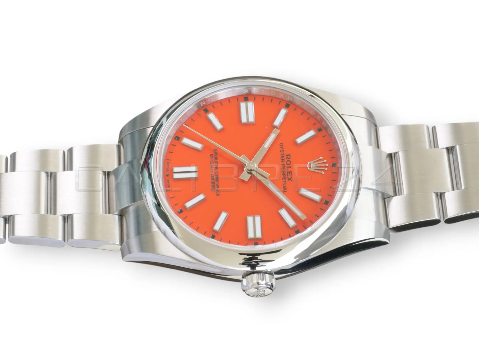 Rolex 124300-0007 coral red lacquer dial white gold baton markers Chromalight hands pristine close-up