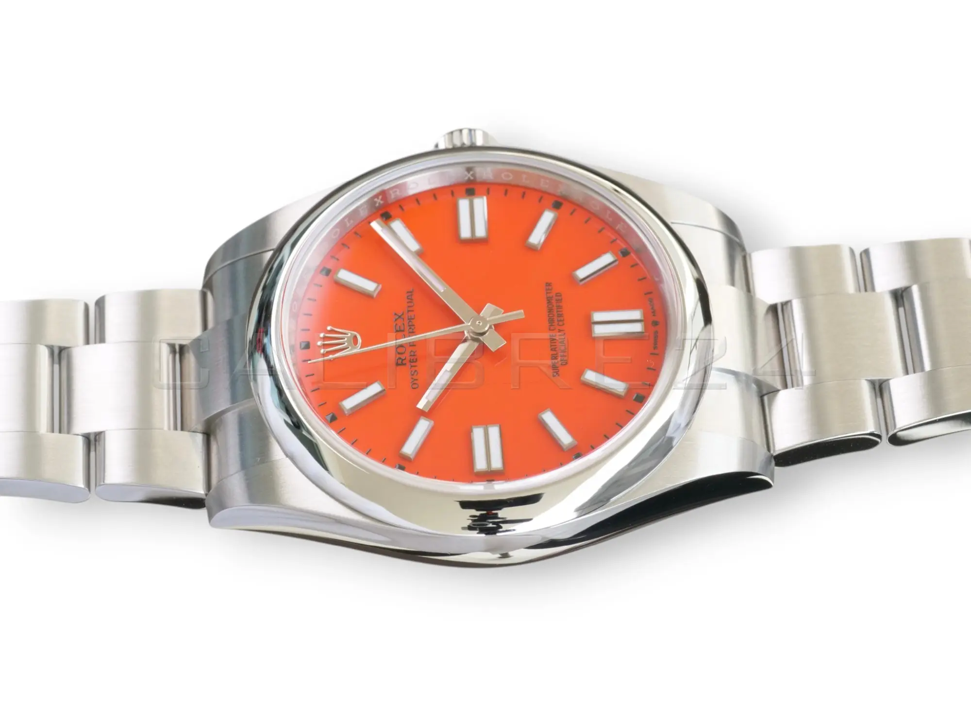 Rolex 124300-0007 coral red lacquer dial white gold baton markers Chromalight hands pristine close-up