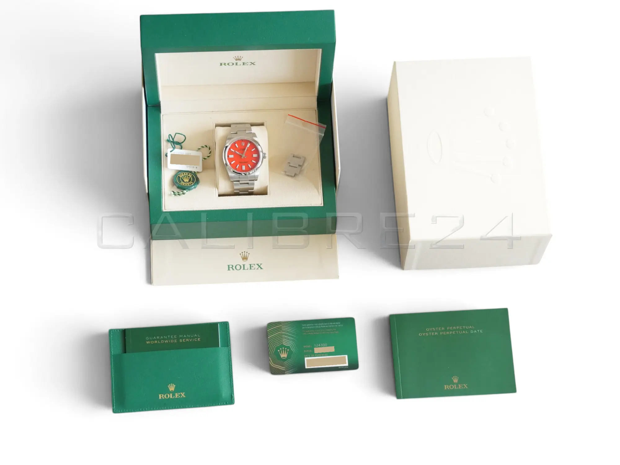 Rolex 124300-0007 coral red discontinued full set box white serial hang tag warranty card papers Calibre24 Perth