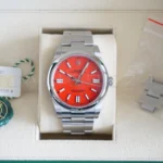 Rolex 124300-0007 coral red discontinued full set box white serial hang tag warranty card papers Calibre24 Perth