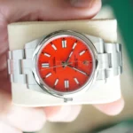 Rolex 124300-0007 coral red discontinued full set box white serial hang tag warranty card papers Calibre24 Perth