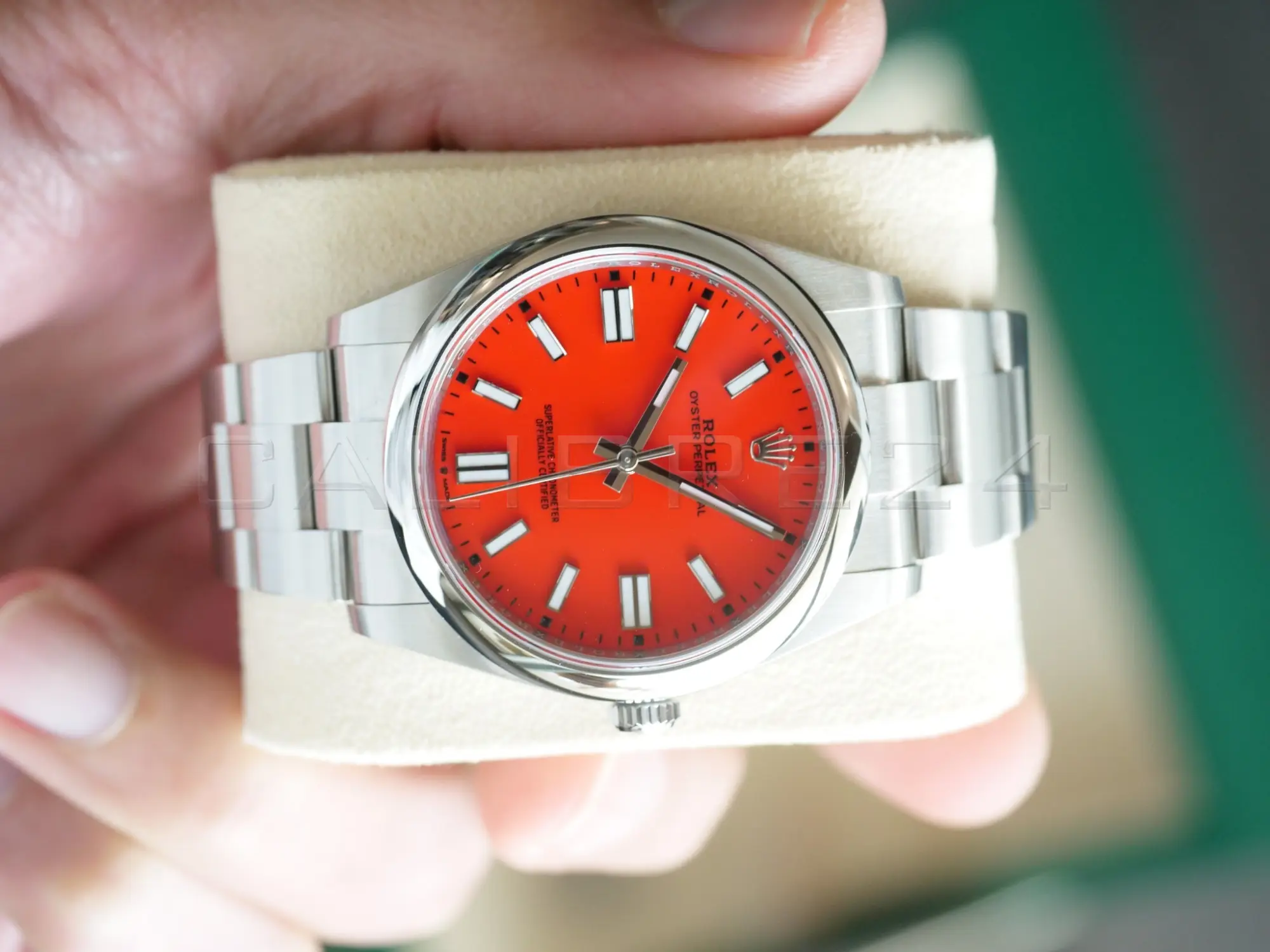 Rolex 124300-0007 coral red discontinued full set box white serial hang tag warranty card papers Calibre24 Perth