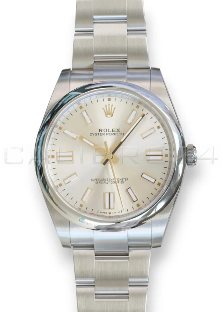 Rolex Oyster Perpetual 41 silver sunray dial 124300-0001 2023 mint Oystersteel front view