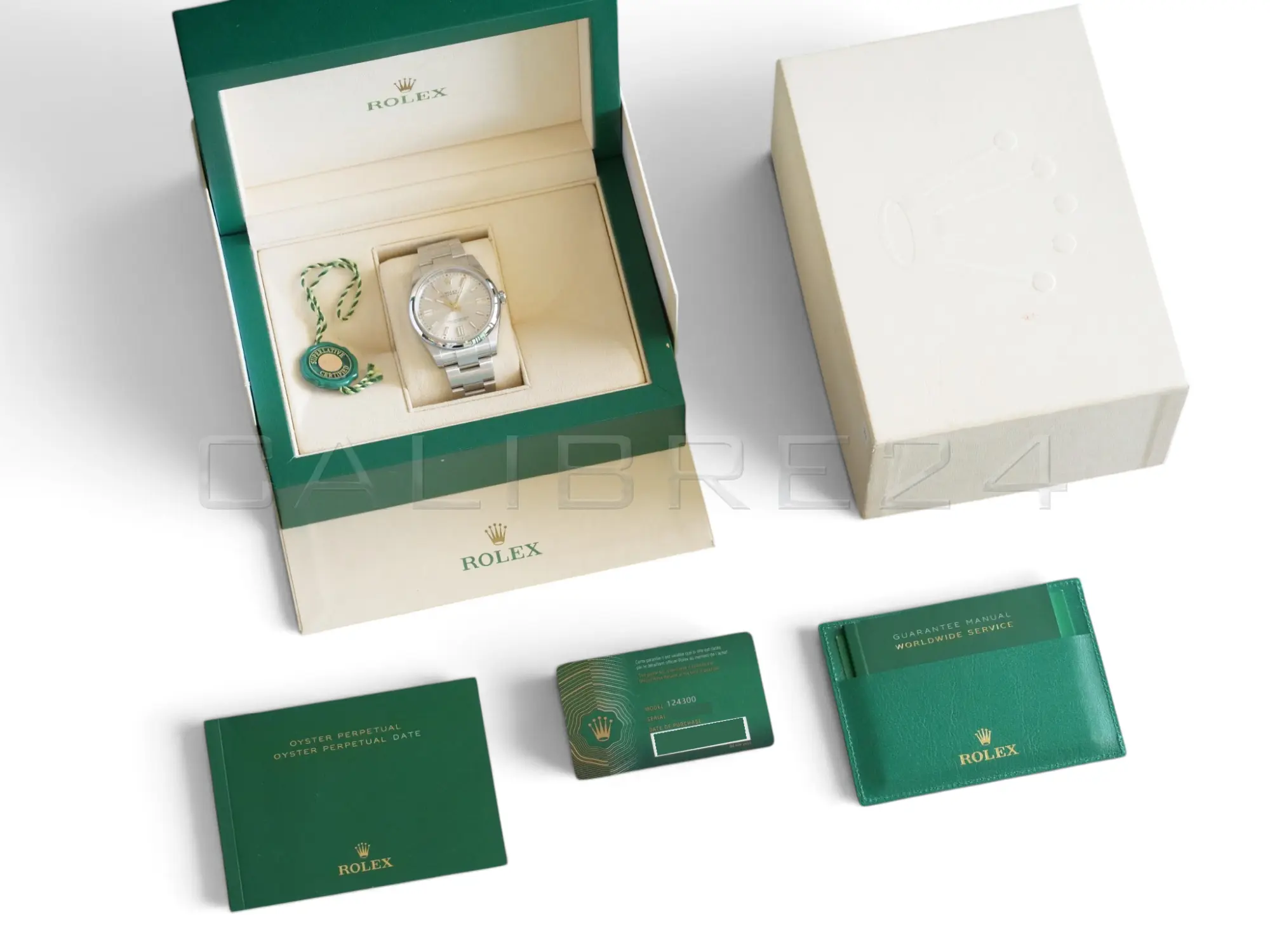 Rolex Oyster Perpetual 41 silver 124300-0001 2023 mint full set box green warranty card papers Calibre24 Pert