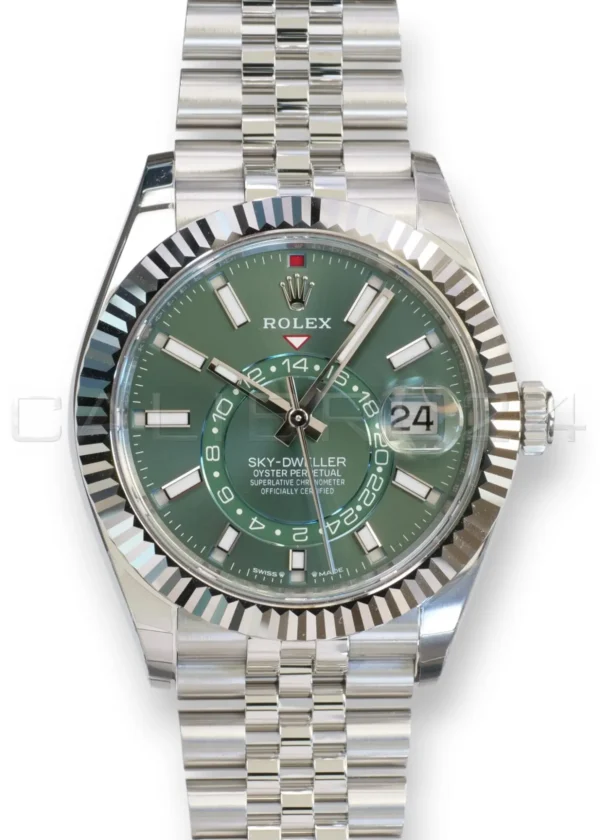 Rolex Sky Dweller Mint Green Dial 336934 Fluted Bezel Jubilee Bracelet Brand New 2026 full set with box and papers available at Calibre24 Luxury Watches Perth Australia