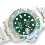 Rolex 116610LV green sunburst dial applied luminous hour markers date 3 o'clock Cyclops Hulk close-up
