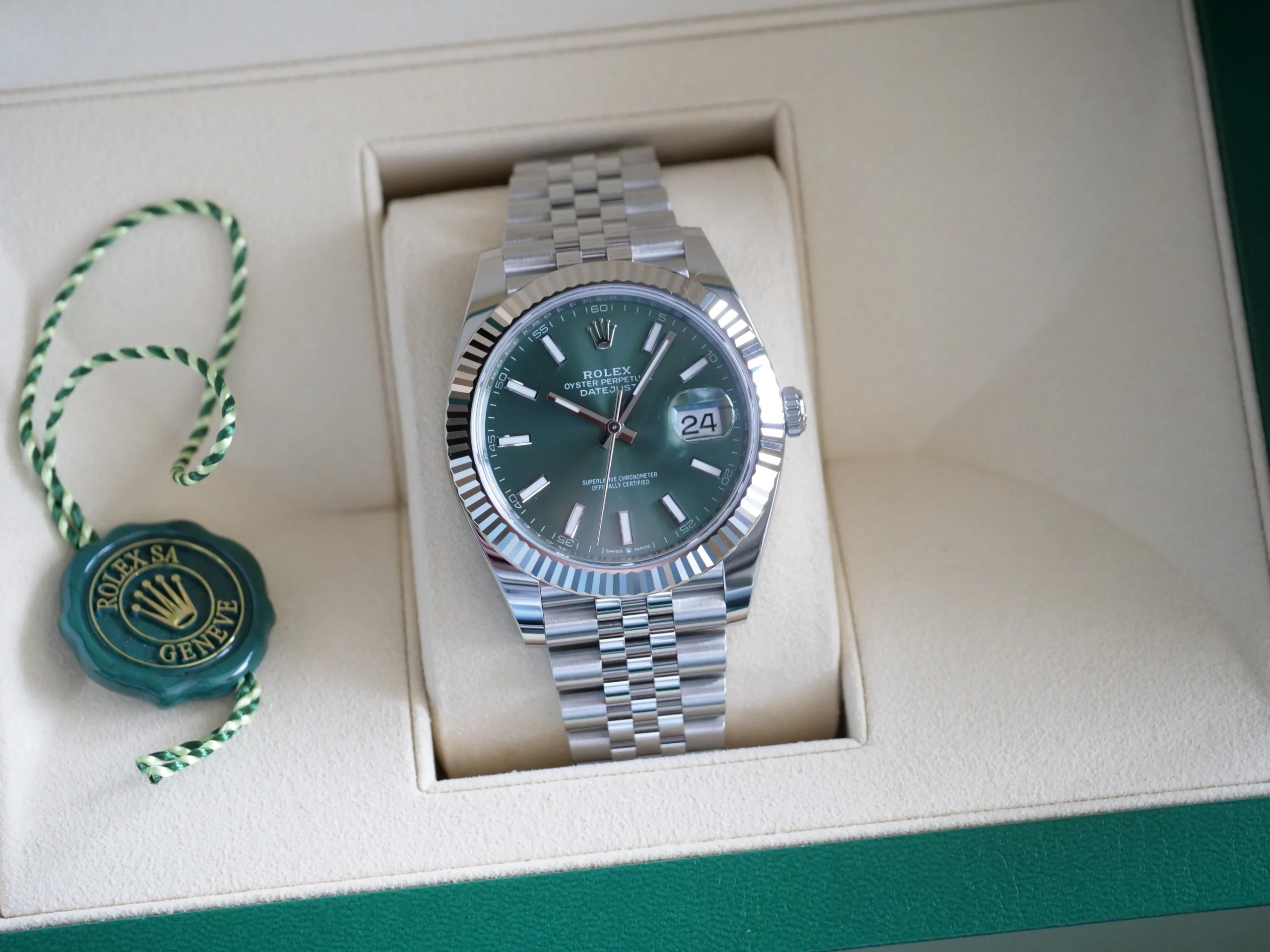Rolex DateJust 41 Mint Green Jubilee Bracelet New Watch full set 2021 for sale at Calibre24 Luxury Watches Perth Australia 1